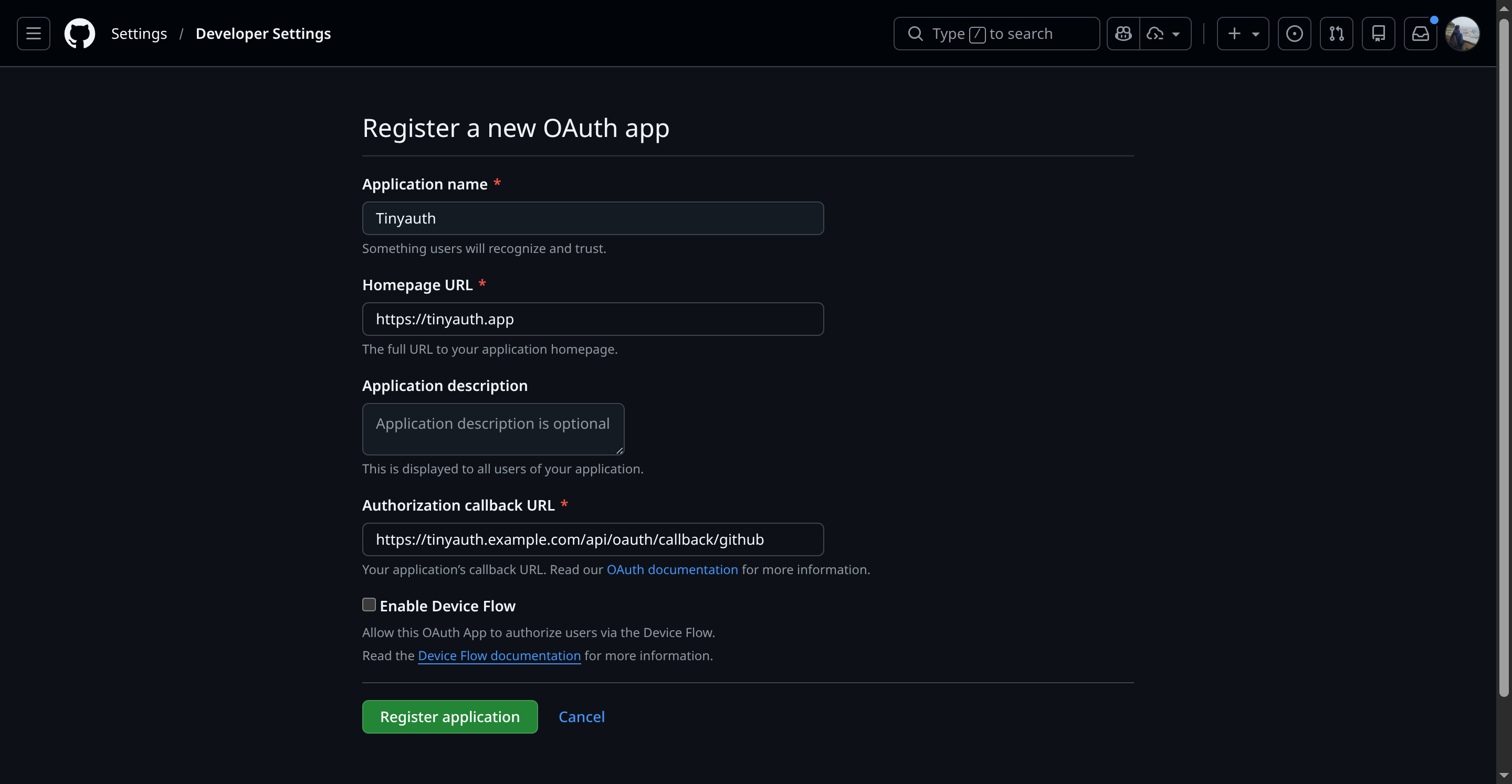 GitHub new OAuth app