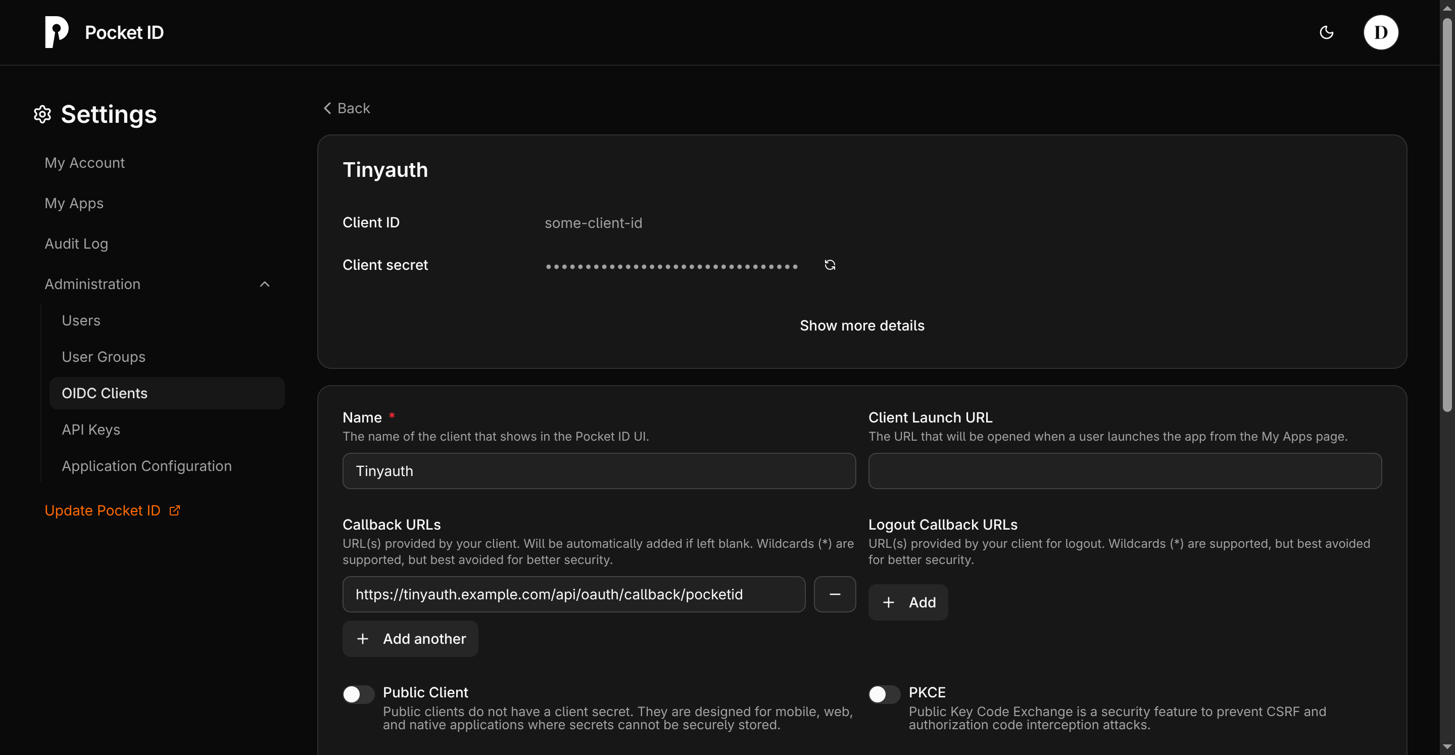 Pocket ID Client Page