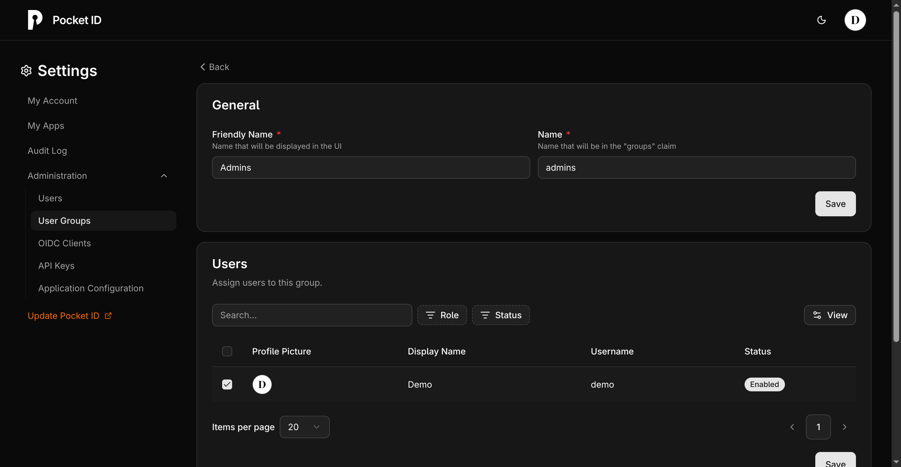 Pocket ID Group Home