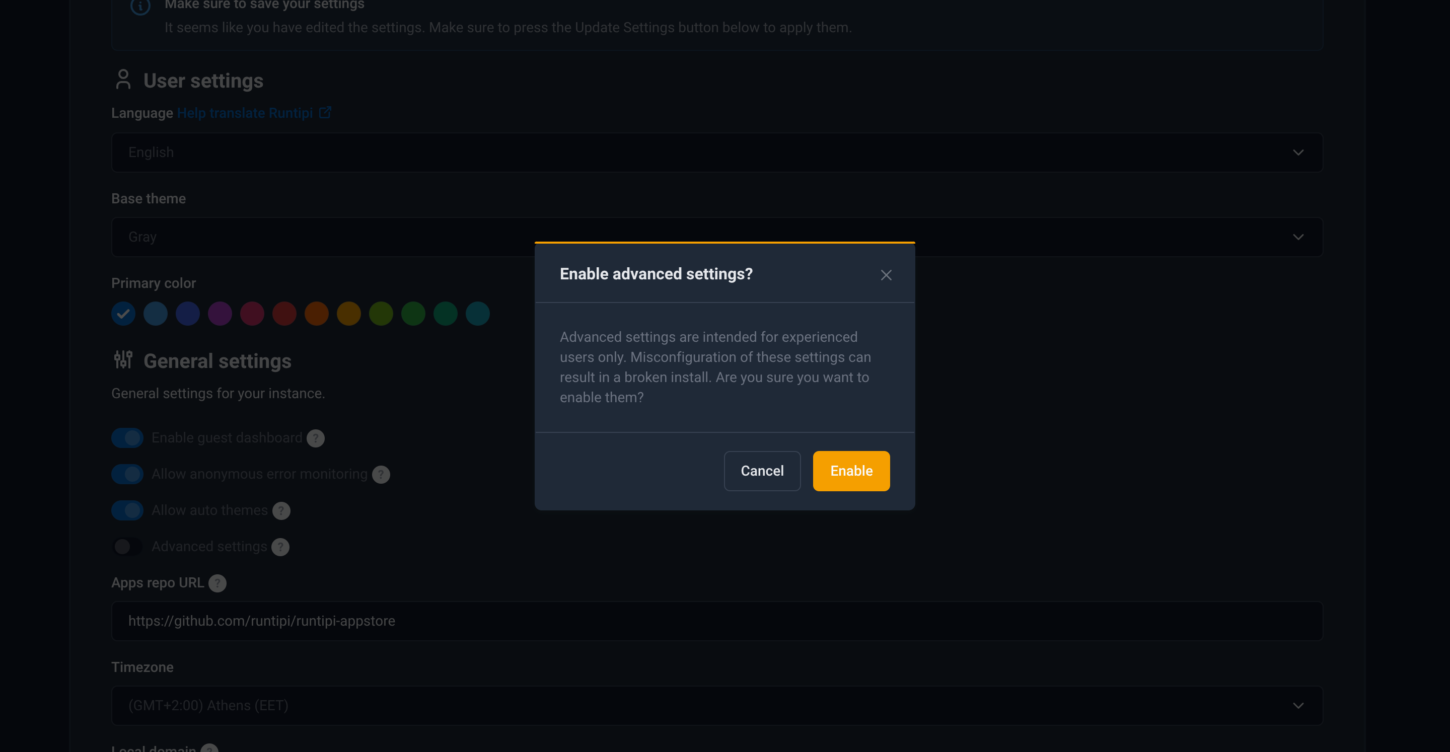 Enable advanced settings