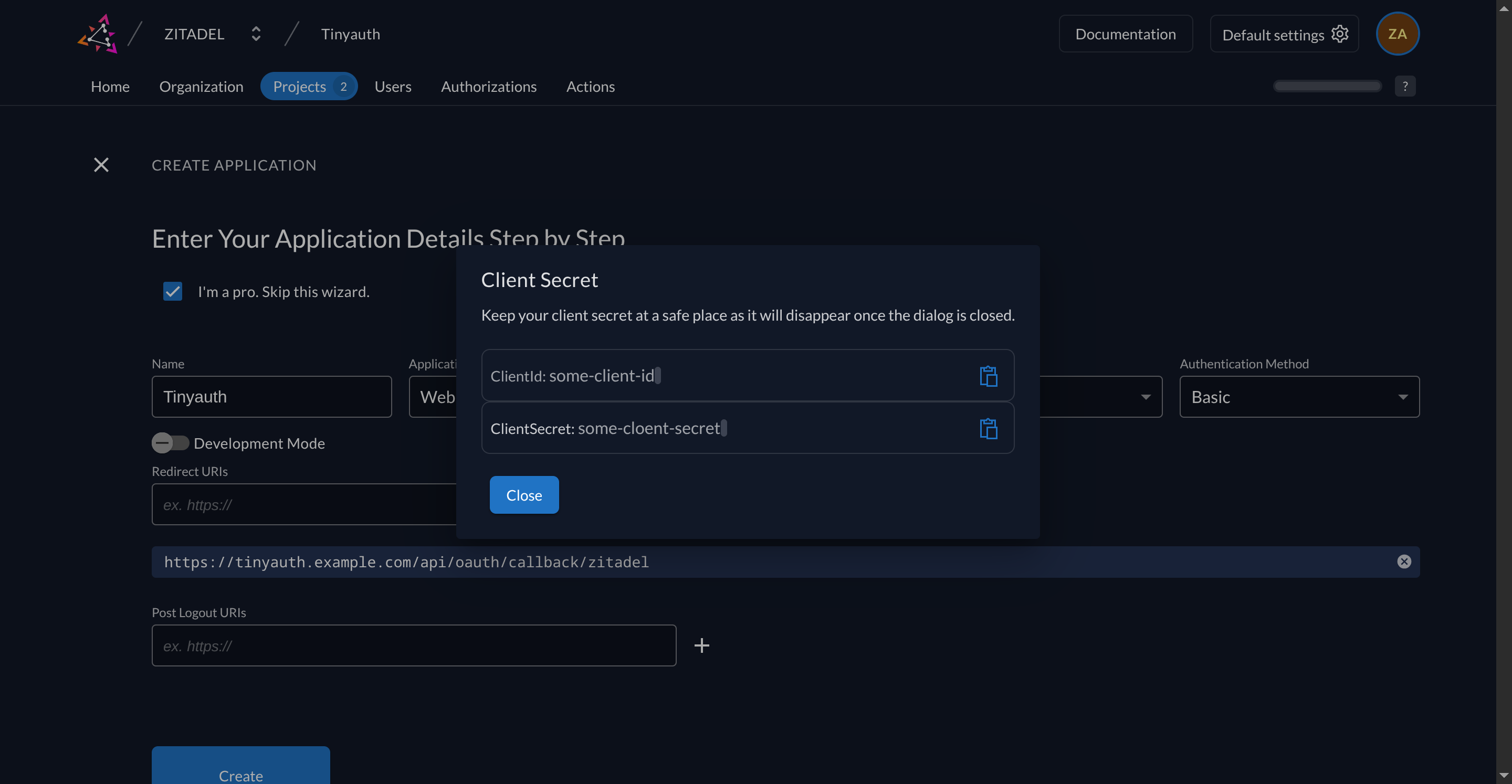 Zitadel app credentials